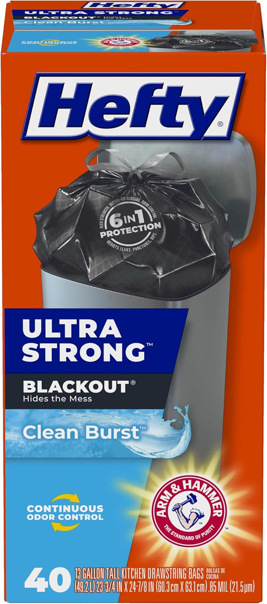 Hefty Ultra Strong 13 Gallon Trash Bags, Black Tall Kitchen Trash Bags 13 Gallon Size, Break Resistant Drawstring Enclosure, Continuous Odor Control, Blackout, Clean Burst Scent, 40 Bags