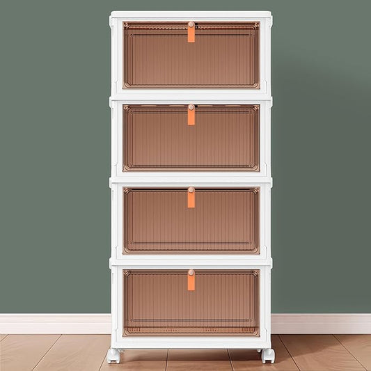 4 Tier Plastic Storage Bins with Lid 23.1QT, Stackable Storage Containers with Wheels, Folding Storage Boxes, Collapsible Storage Bins, Closet Organizers and Storage for Living Room