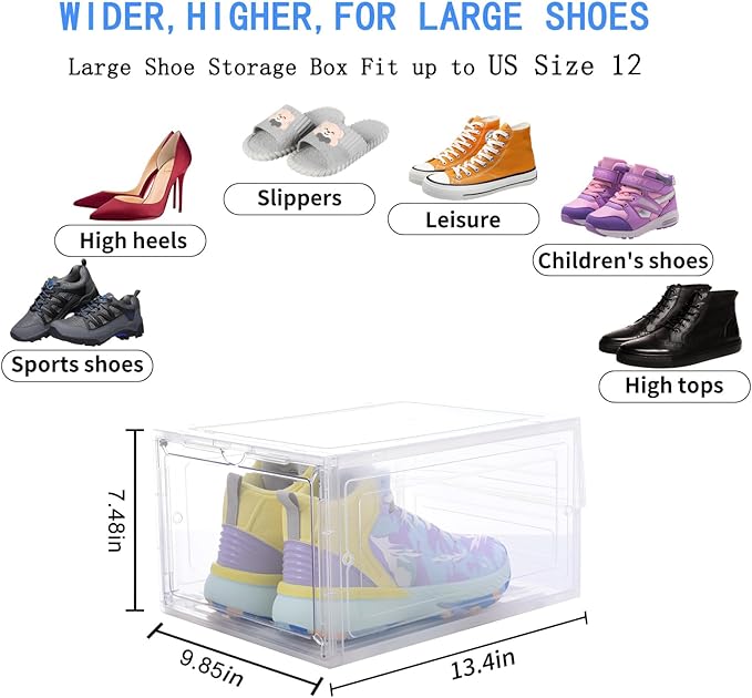 Large Clear Shoe Storage Boxes 12 Pack Stackable, Drop Front Magnetic Door Shoe Organizer with Plastic Sneaker Display Case Containers Transparent Shoe Rack for Closet Organization Fit US Size 12