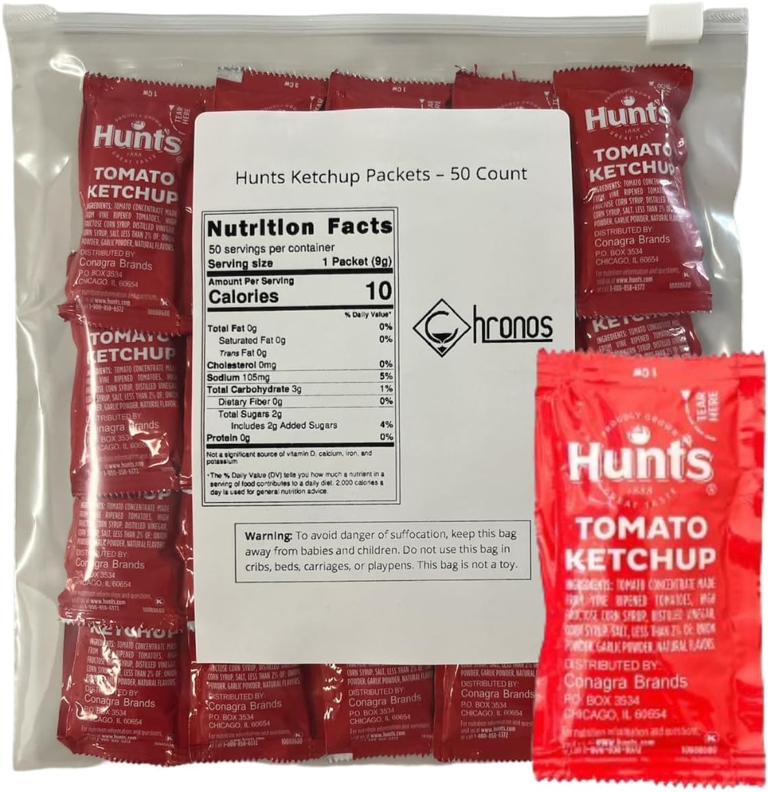Ketchup Packets 0.3 oz (9g) - Gift Assortment - 50 Count Single Serve - Ketchup Condiment Packs with 8 x 8 inch Chronos Food Safe Slide Seal Bag