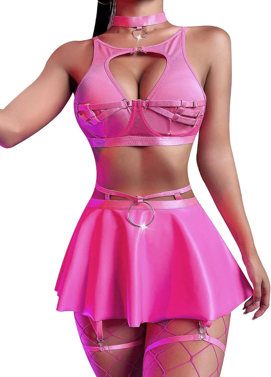 Women Leather Lingerie Set Sexy Chocker Strappy Lingerie Underwire O Ring Push Up Garter Belt Bra Skirt Outfits 5 Piece