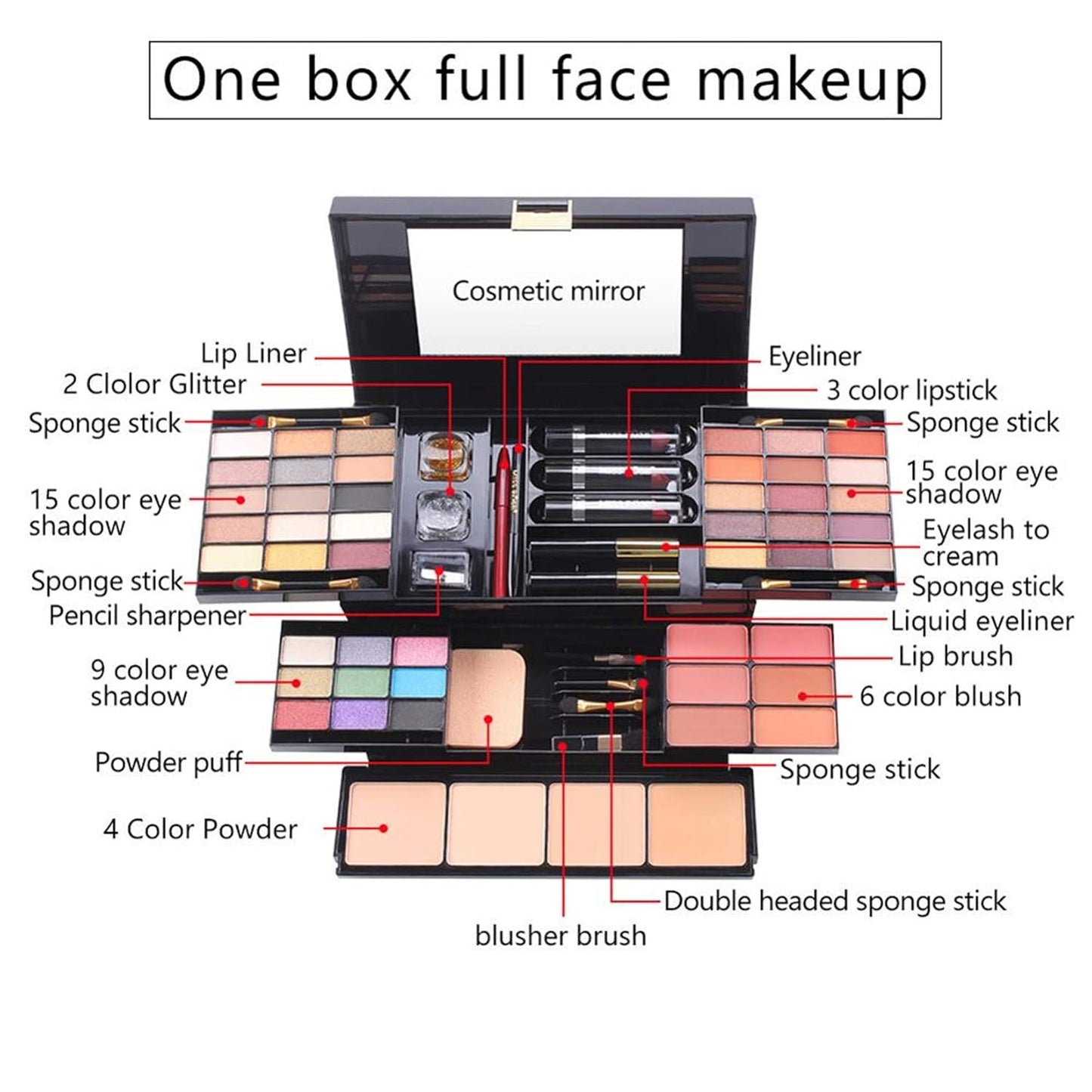 54 Colors All in one Makeup Gift Set Holiday Birthday Beauty Cosmetic Essential Starter Bundle Include 39 Eyeshadow Palette, 6 Blush, 6 Sponge Stick, 4 Compact Powder, 3 Lipstick, Eyeliner