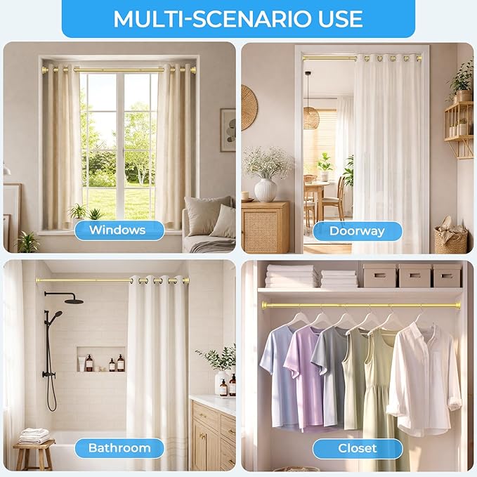 AIZESI Shower Curtain Rod 30 to 64 Inch Adjustable, 7/8" Diameter Gold Spring Loaded Curtain Rods No Drilling Tension Curtain Rods for Window, Bathroom, Doorway, Closet, Kitchen
