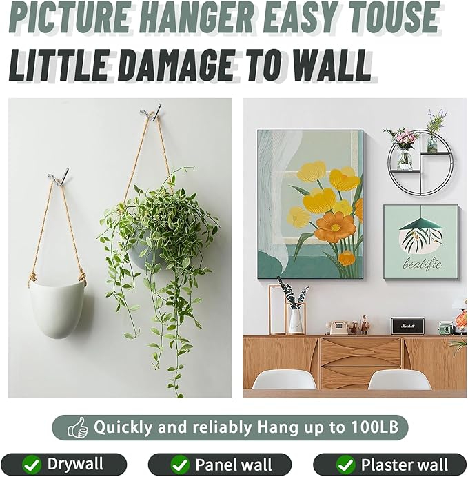 FURHUA 20pcs Super Hook Picture Hangers and Office Pack, Drywall Hooks for Hanging Pictures, Wall Hooks, Picture Hangers, Picture Hanging Kit，Hang Art, Clock, Shelves, Mirrors