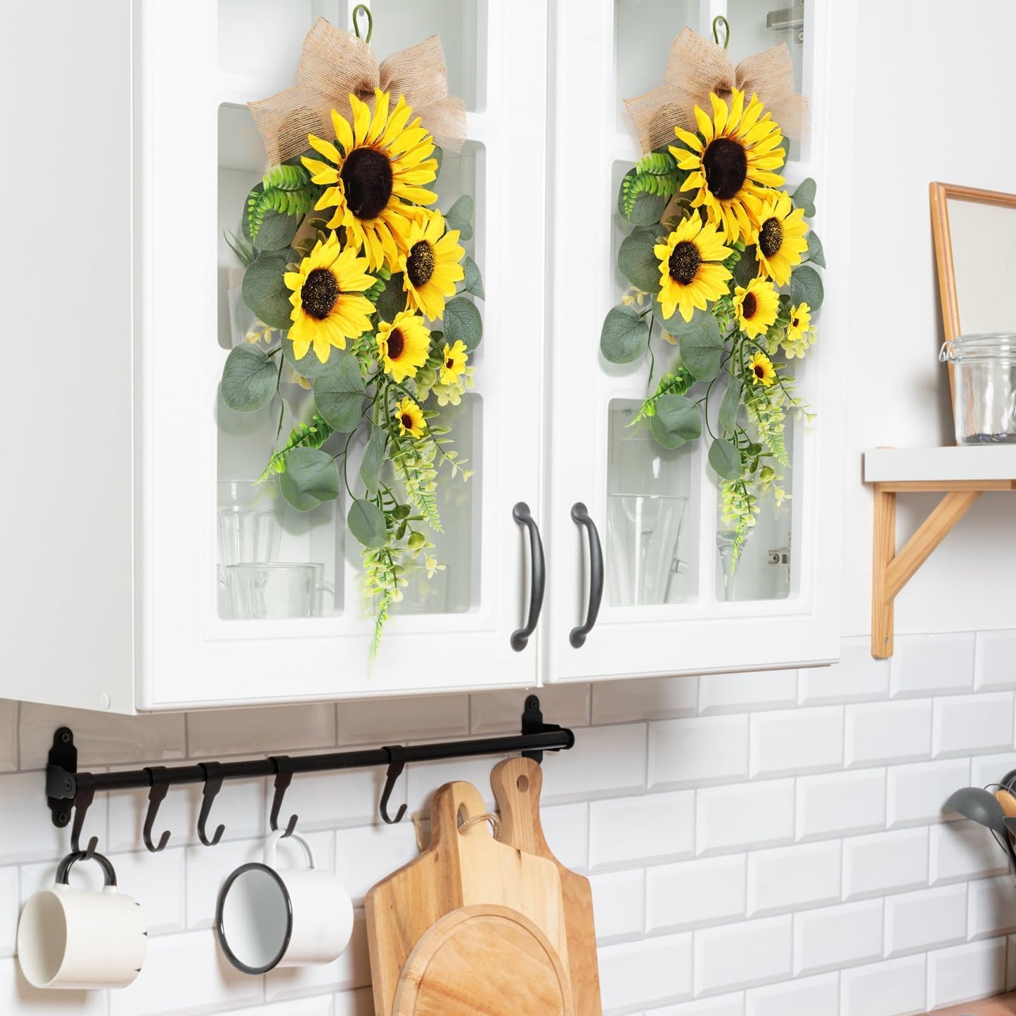24in Artificial Sunflowers Teardrop Swag Spring Summer Sunflowers Floral Swag Wreath with Burlap Bow Fake Yellow Sunflower Garland for Front Door Indoor Outdoor Window Home Decor