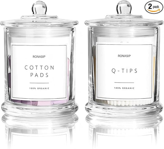 Qtip Holder & Cotton Pad Dispenser, Bathroom Organizer and Storage Canisters, 16oz Glass Apothecary Jars for Kitchen, Restroom - Home Decor, Room Decor Aesthetic (2 Pack, Transparent)