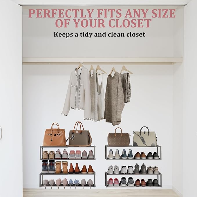 2 Pack Expandable Wall Mounted Shoe Rack, 17"-31" Adjustable Hanging Shoe Rack Holds 16 Pairs, Heavy Duty Metal Shoe Holder with 4 Storage Hooks, Space Saving for Entryway Closet Doorway（Grey）
