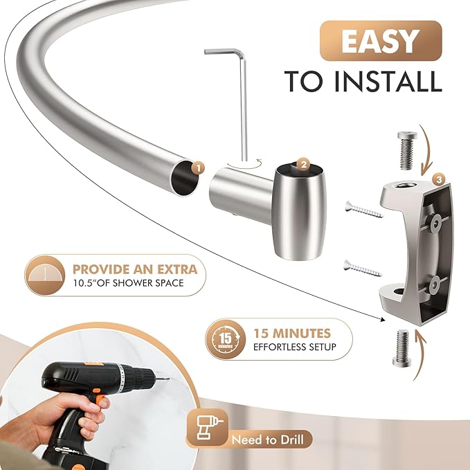 Curved Shower Curtain Rod for Bathroom, 40-72 Inches Adjustable Curved Shower Rod, 0.9MM Rustproof Shower Curtain Rod with Rotating Brackets for Extra Shower Space, Need To Drill, Brush Nickel