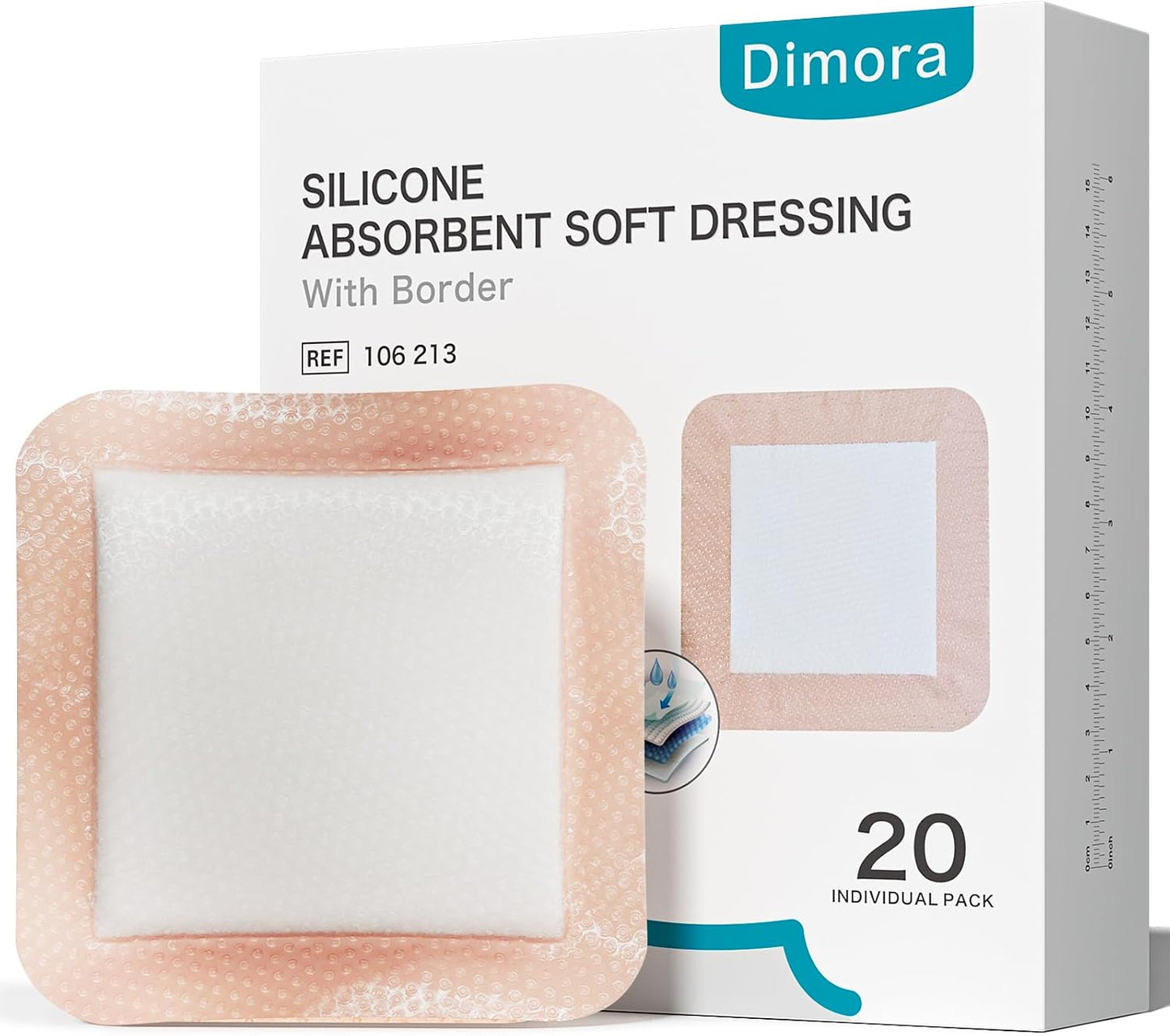 Dimora 20 Count Silicone Super Absorbent Wound Dressing 6" x 6" - Large Adhesive Bandage for Heavy Exudate, Border Wound Care Pads for Pressure Sore and Post-Surgical Incisions