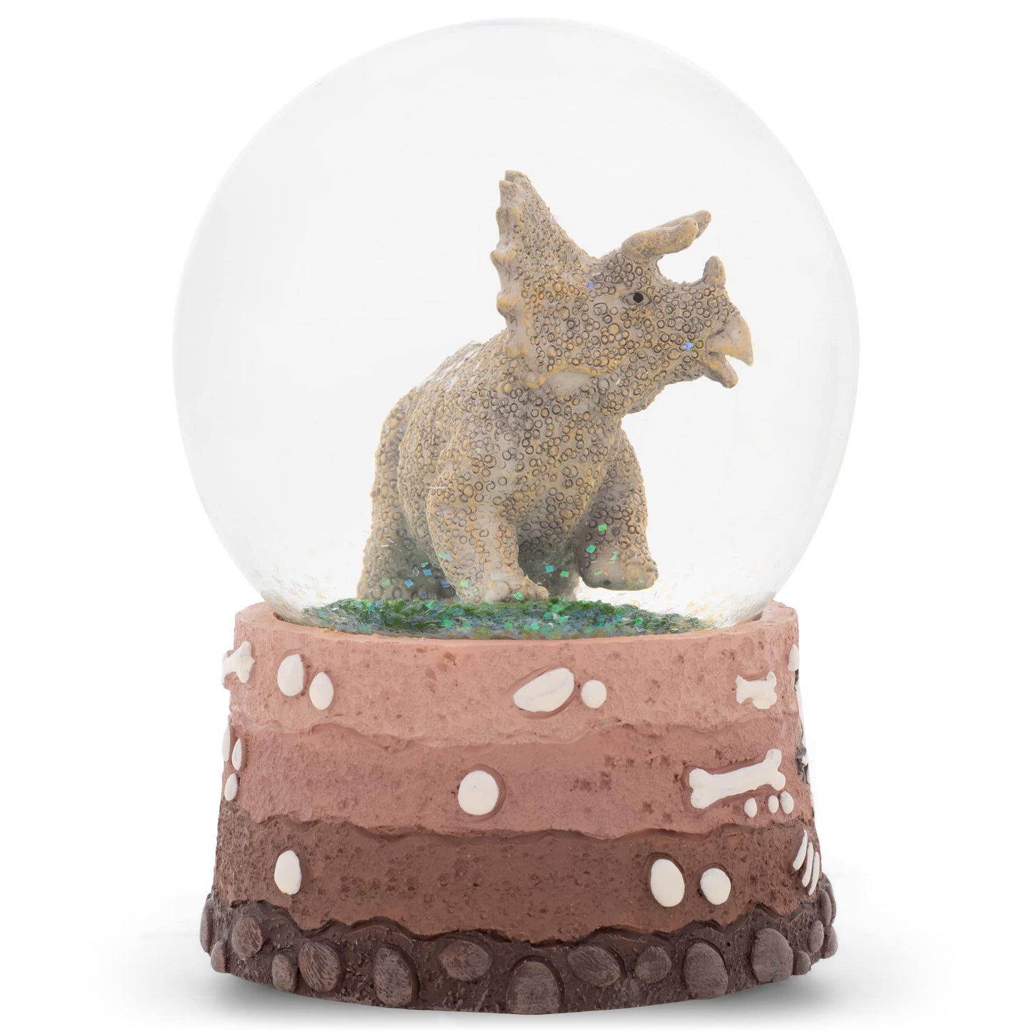 Elanze Designs Triceratops Fossils Brown Paleontologist Bone Dig Skeleton Science STEM Footprints Museum Animal 100MM Musical Glitter Dinosaur Snow Globe Plays Tune Born Free