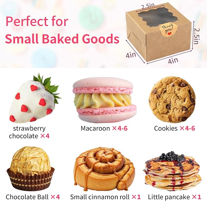 WINKIO 48 Pcs White Cookie Boxes, 4x4x2.5 Inches Bakery Boxes with Window, for Mini Cake Treat Dessert Pastry Donuts Macaroon Strawberries Chocolate Candy (with Stickers)