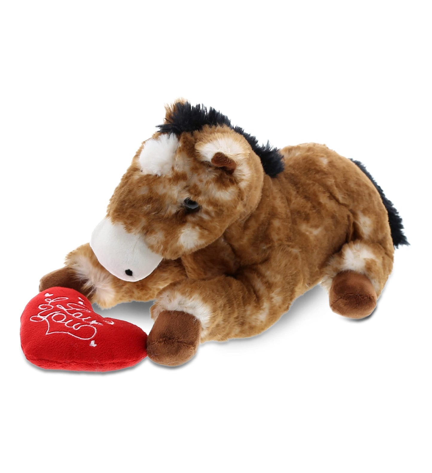 DolliBu I Love You Valentine Plush Lying Brown Horse - Cute Stuffed Animal with Red Heart and Name Personalization Gift for Valentines Day, Birthday, Anniversary, Romantic Date - 10.5 Inches