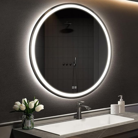 APRILSOUL 32 Inch Round LED Bathroom Mirror with Lights, Makeup Mirror with Front and Backlit, Anti-Fog, 3 Colors and Dimmable Light