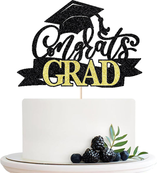 Black Gold Glitter Congrats Grad Cake Topper, Class of 2025 Themed Graduation Party Decorations, University College/High School/College/Senior Graduation Party Celebration Supplies