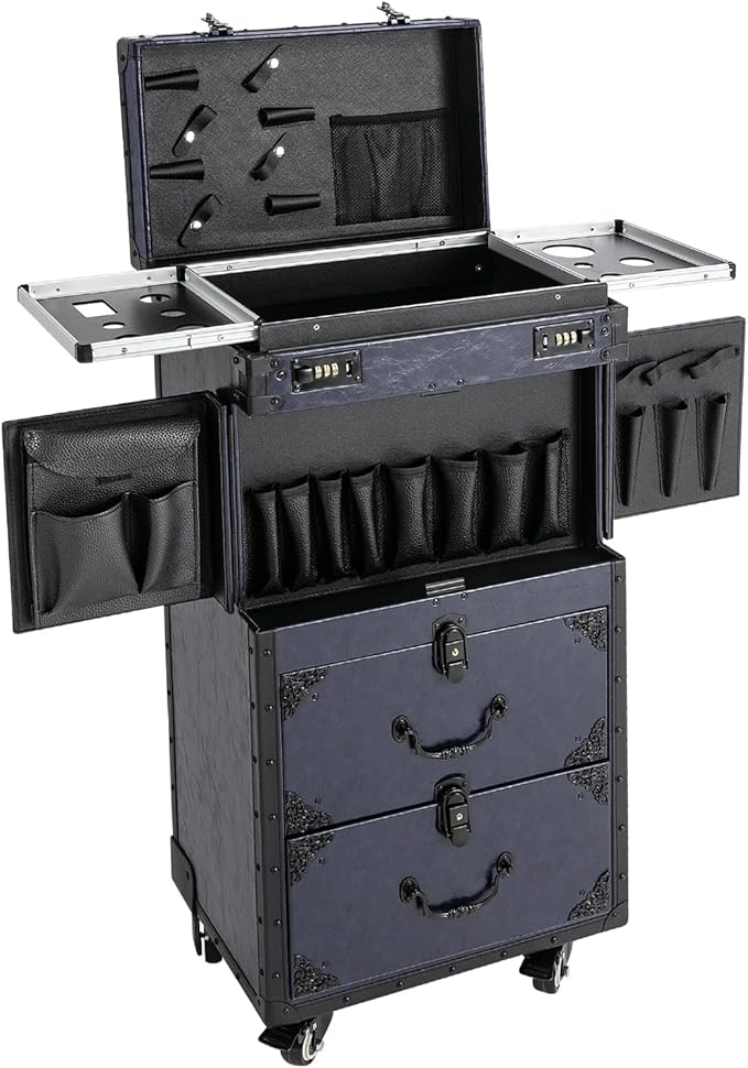 Rolling Makeup Case with Wheels and Locks, Cosmetology Case Makeup Train Case for Salon Barber Large Beauty Salon Luggage Rolling Lockable Makeup Train Extendable Tray Hairdressing (Style 2)