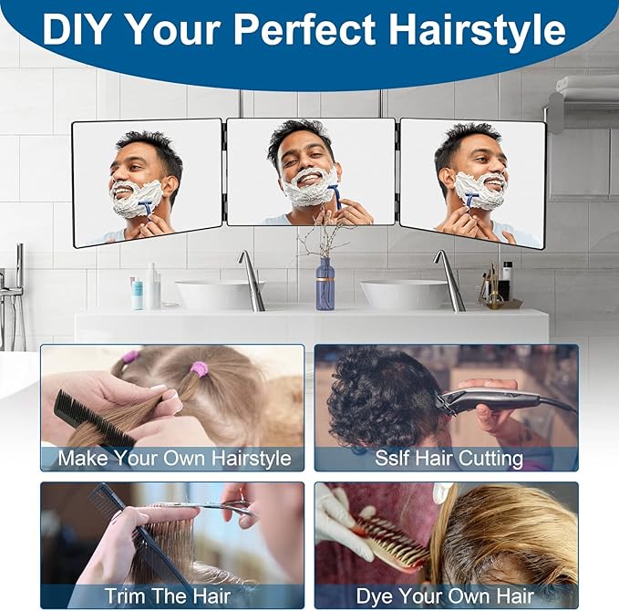 with LED Lights 3 Way Mirror for Self Hair Cutting,360 Haircuts Mirror Men for Barber Use Tools,to See Back of Head,Tri Fold with Portable Height Adjustable Telescoping Hooks