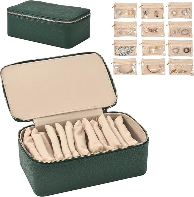 Travel Jewelry Box,Jewelry Travel Organizer for Women Girl,Travel Jewelry Case with 12pcs Velvet Jewelry Pouches for Necklaces Rings Earrings Sorting Storageï¼Black Greenï¼