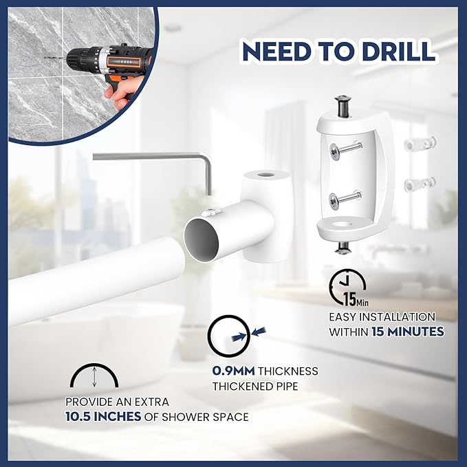 White Curved Shower Curtain Rod 33-78 Inches Adjustable Splicing Design Shower Rods Curved Round Bowed Rust proof, Premium Stainless Steel Need To Drill Shower Curtain Rod for Bathroom, Bathtub, Stall