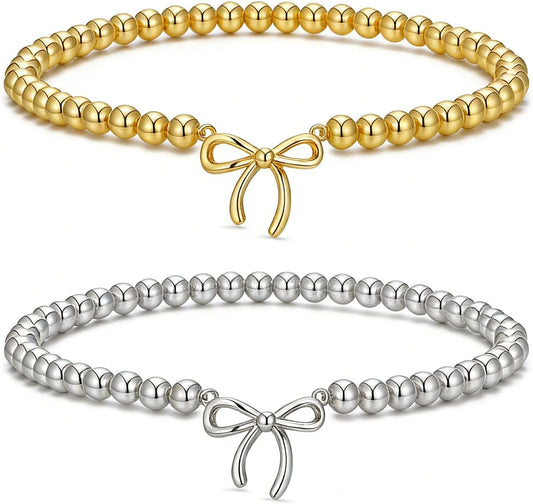 2PCS Dainty Beaded Bracelet Set for Women - Waterproof Silver Gold Bow Charm Stretch Ball Handmade Stackable Bracelets, Trendy Adjustable Jewelry Birthday Gifts for Her