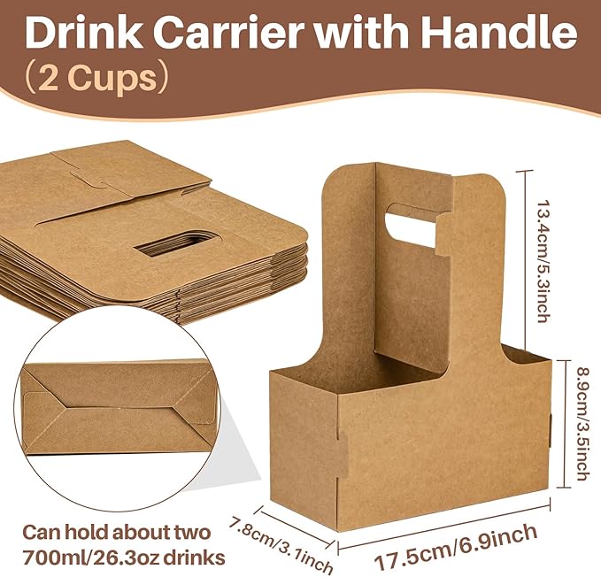 MAQIHAN 2 Cup Drink Carrier with Handle - 50Pcs Disposable Cardboard Coffee Cup Holder Portable Foldable Tray Drink Caddy Cup Carriers to go Cup Holder Food Delivery Accessories for Hot/Cold Drinks