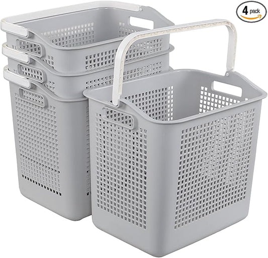 35 Liter Plastic Laundry Basket with Carry Handle, 4 Pack Clothes Hamper, Gray