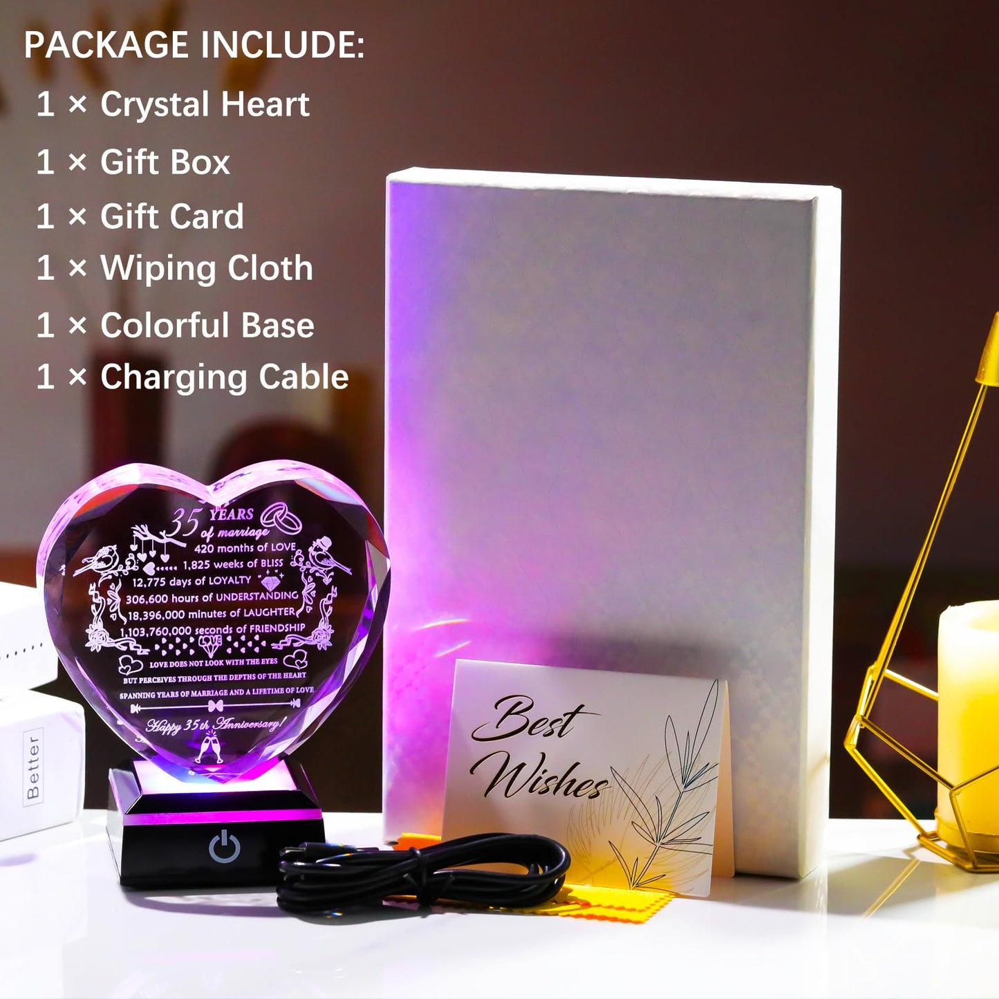 YWHL 35th Wedding Anniversary Crystal Gifts with LED Base Laser Engraved 35th Anniversary Heart Keepsake Gift for Couples Parents Romantic 35 Years of Anniversary Marriage Gifts for Wife Husband