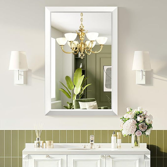 Bathroom Mirror for Over Sink,22x30Inch White Thick Anti-Rust Metal Frame, Rectangle Decorative Wall Mirror with HD Tempered Glass, Horizontal or Vertical Mount for Vanity, Bathroom,Living Room