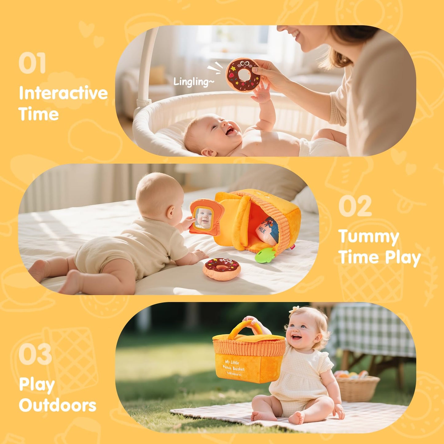 Hahaland Baby Toys 6-12 Months – Picnic Basket Sensory Toy with Crinkle, Rattles, Teether & Mirror, Montessori Play Food Plush for Early Development, Birthday Gifts for 1+ Years Boys & Girls