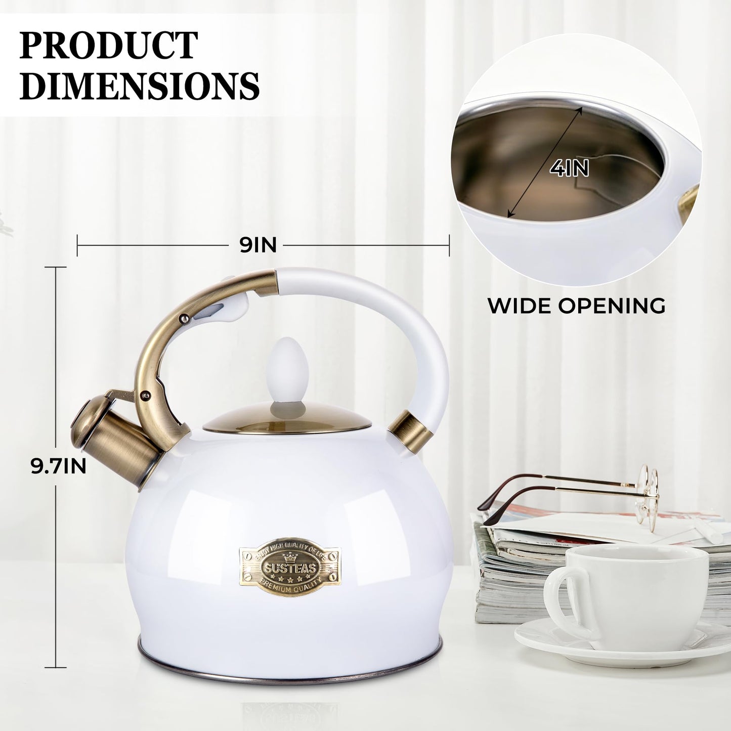 SUSTEAS Stove Top Whistling Tea Kettle - Food Grade Stainless Steel Teakettle Teapot with Cool Touch Ergonomic Handle, With 1 Silicone Pinch Mitt Included, 2.64 Quart(WHITE)