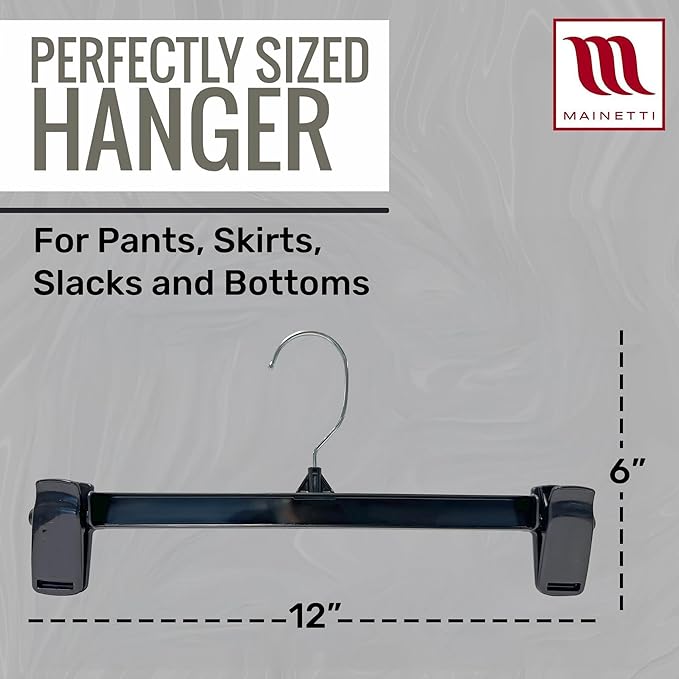 Mainetti 6012 Recycled Black Plastic Hangers - 20 Pack with Rotating Metal Hook and Sturdy Plastic, Great for Pants/Skirts/Slacks/Bottoms, 12-Inch