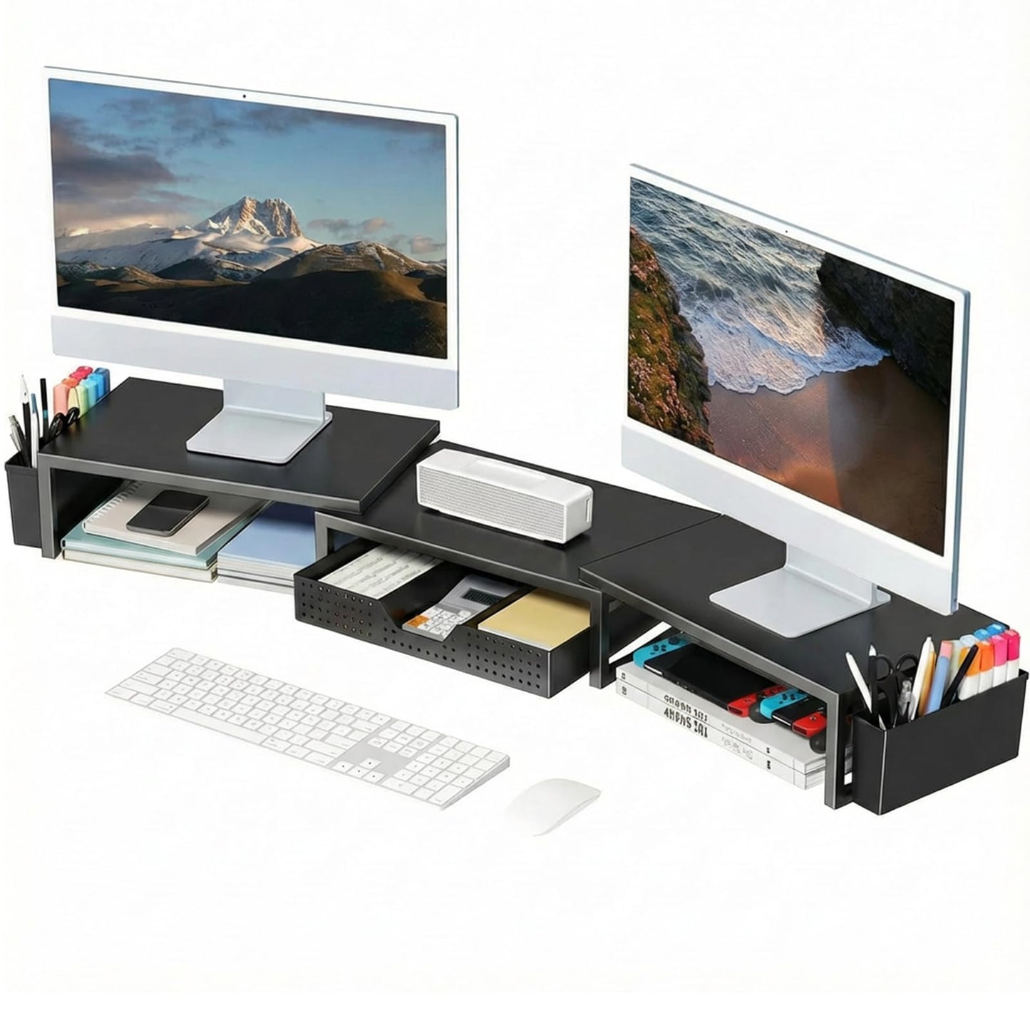 OPNICE Desk Organizers and Accessories, Dual Monitor Stand Riser with Drawer and 2 Pen Holders, Desk Shelf Metal Computer Racks for Office Workspace Organizers, Desktop Organization (Black Metal)