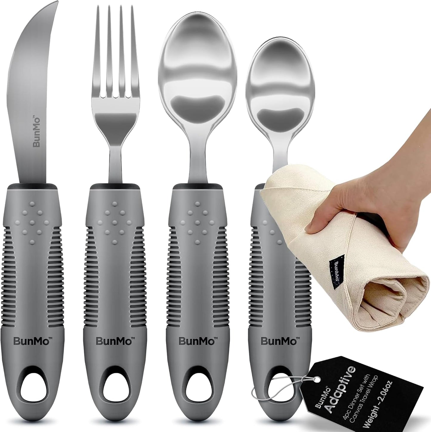 BUNMO Weighted Utensils for Hand Tremors - Elderly, Weak Hand Grip & Handicapped - Stainless Steel - Eat Independently