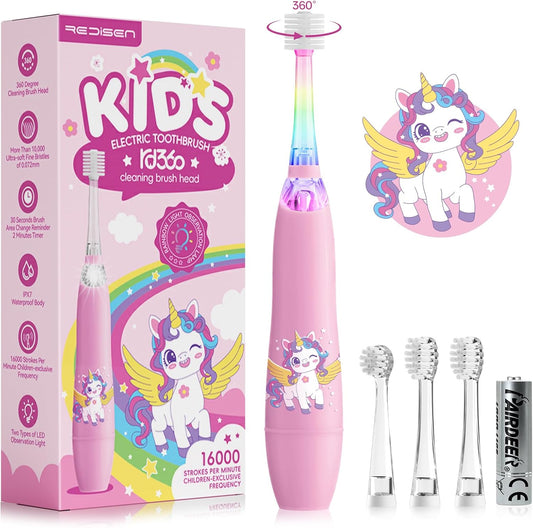 Electric Toothbrush for Kids Toddler 1-5 Years, Unicorn Toothbrush with LED Light, 360° Sonic Baby Toothbrush, 2 Min Timer, Gentle Vibration, Pink Unicorn Design for Girls