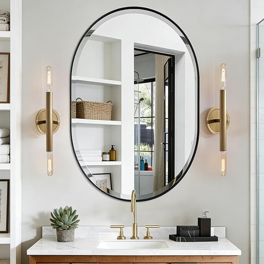 POZINO Oval Beveled Mirror, 24"x36" Bathroom Mirror for Over Sink, Rounded Rectangle Mirrors, Modern Oblong Vanity Wall Mirrors in Premium Stainless Steel Frame Hangs Horizontal Or Vertical