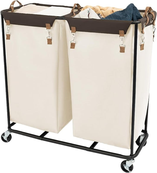 StorageWorks 390L Extra Large Laundry Hamper with Wheels, Laundry Basket with Wheels 2 Sections, Clothes Sorter Cart with Divider for Hotel, Home, Beige, 1-Pack