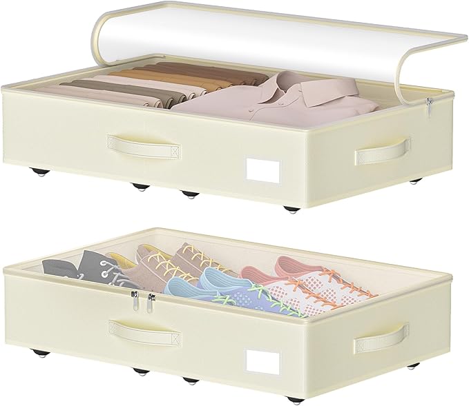 Under Bed Storage with Wheels, No Assemble Required 5.5 inches height beige under bed storage bins,Low Profile Rolling Underbed Shoe Storage containersï¼dorm underbed storage drawers