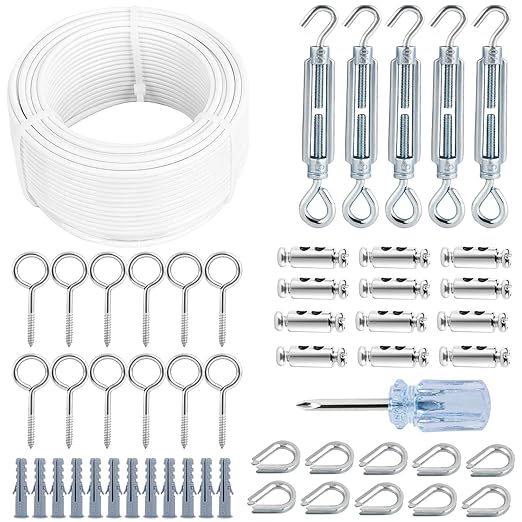 Turnbuckles for Cables Wires, 100Ft White PVC Coated Cable Kit, 7 Ã 7 Strands Core Wire Rope for Clothesline Wire for T Post/Grape Vine/String Light Hanging Kit