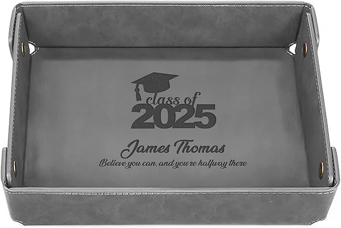 Engraved PU Leather Valet Tray â Personalized Catchall with Custom Name for Desk, Dresser, or Nightstand â Compact Organizer for Keys, Wallet, Jewelry â Graduation Gift for Him or Her â Grey