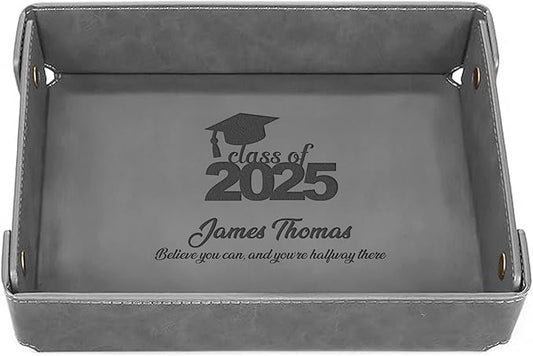 Engraved PU Leather Valet Tray â Personalized Catchall with Custom Name for Desk, Dresser, or Nightstand â Compact Organizer for Keys, Wallet, Jewelry â Graduation Gift for Him or Her â Grey
