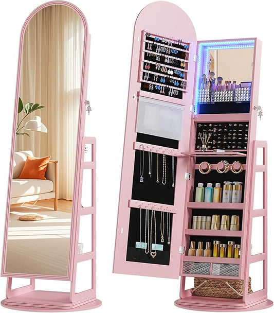 HWB Arched Mirror Jewelry Cabinet with Storage, LED Jewelry Armoire w/Full Length Mirror & 360Â° Swivel, Standing Jewelry Holder Organizer with Rear Storage Shelves & Hooks, Lockable (Pink)
