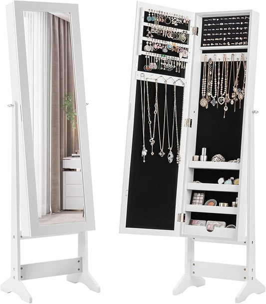 COSTWAY Jewelry Armoire, Standing Jewelry Organizer with Full-length Mirror & 3 Adjustable Angles for Bedroom, Dressing Room (White)