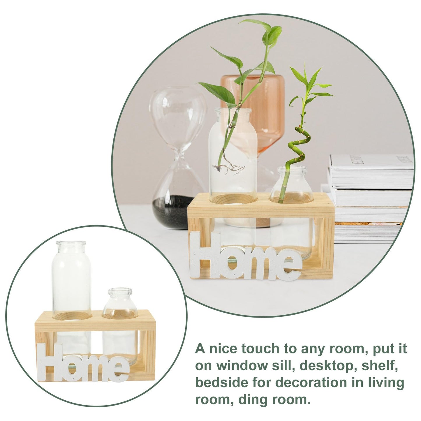 Kichvoe Glass Hydroponic Plant Vase with Wooden Stand, Nordic Style Tabletop Glass Planter for Air Plants and Houseplants, 2pcs Decorative Home Garden Terrarium Containers