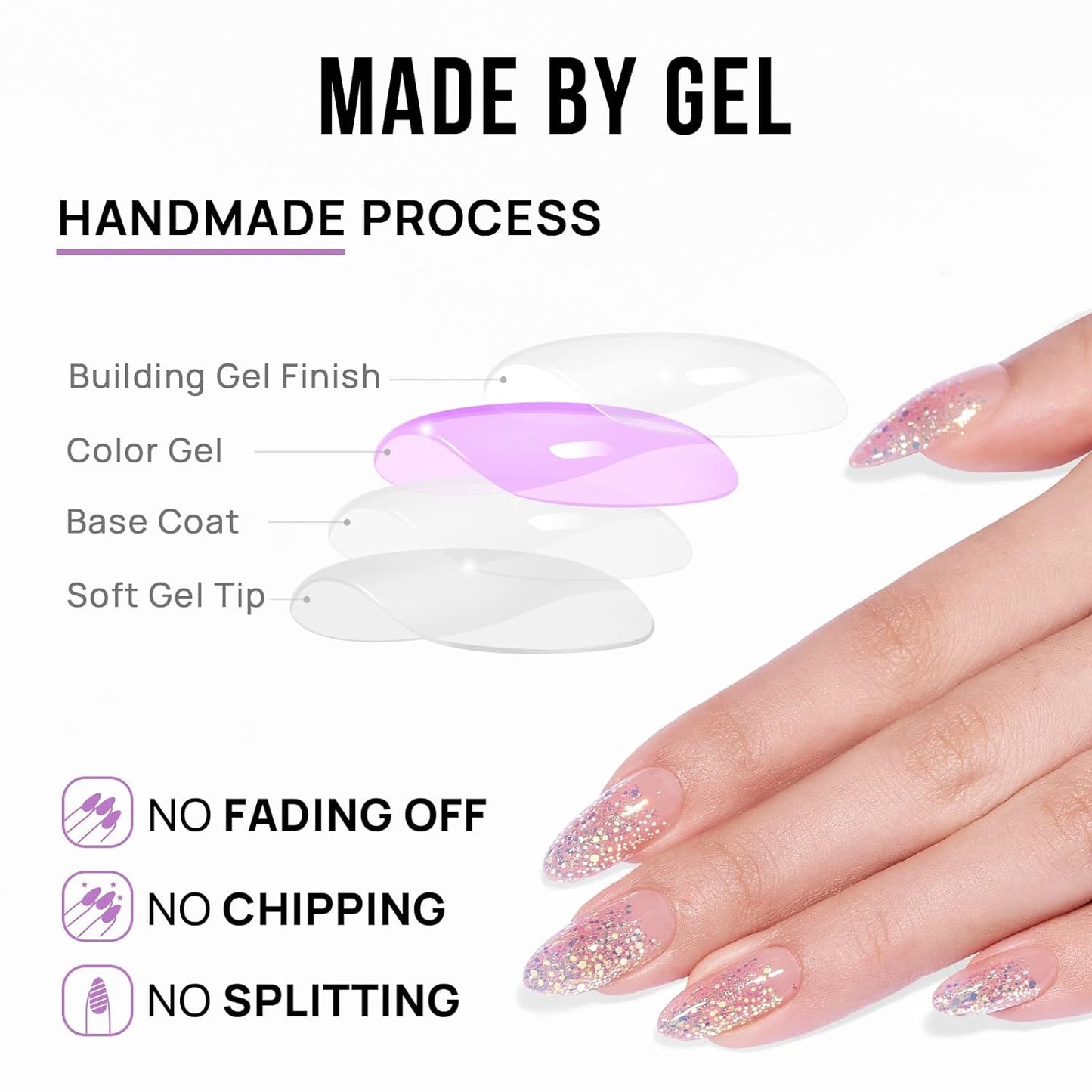 BTArtbox Press On Nails Medium- Christmas Supremely Fit & Natural Soft Gel Glue On Nails with Nail Glue, Reusable Stick On Nails in 15 Sizes - 30 Fake Nails Kit, Pink Sparkle