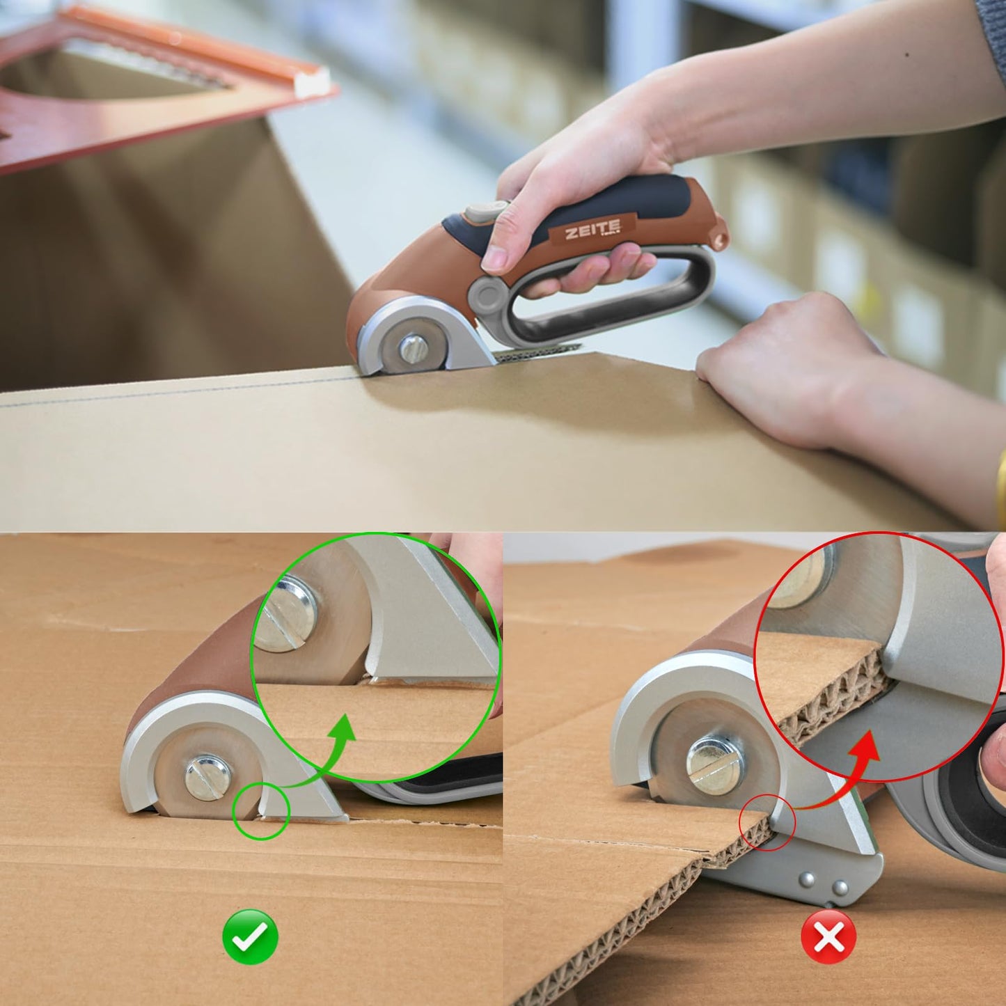 ZEITE 4V Cordless Electric Scissors Cardboard Cutter with 2 Blades,Storage Case,Rotary Cutter for Box Plastic Carpet Fabric, Easy to Hold and Safe,Mocha