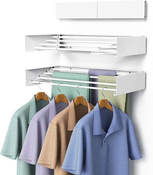 Laundry Drying Rack, Collapsible Wall Mounted Clothes Drying Rack - Drying Rack Clothing Foldable,Space Saving, 31.6" Wide, 13.2 Linear Ft, 5 Aluminum Rods, 60 lb Capacity (White, 31.6")
