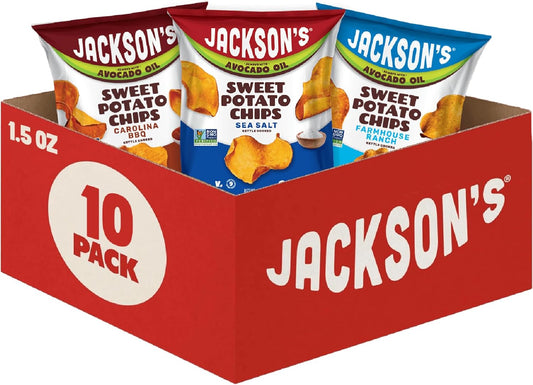Jackson’s Sweet Potato Kettle Chips Avocado Oil Variety Pack (1.5 oz, Pack of 10) Sea Salt, Ranch and BBQ Flavors - Allergen-friendly, Gluten Free, Vegan