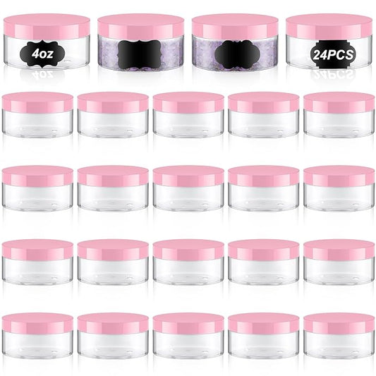 Dandat 24 Pcs 4 oz Plastic Jar Container with Lid and Label Refillable Empty Round Clear with Pink Pet Cosmetic Sample Slime Containers for Lotion, Cream, Ointments, Body Butter, Makeup Travel Storage
