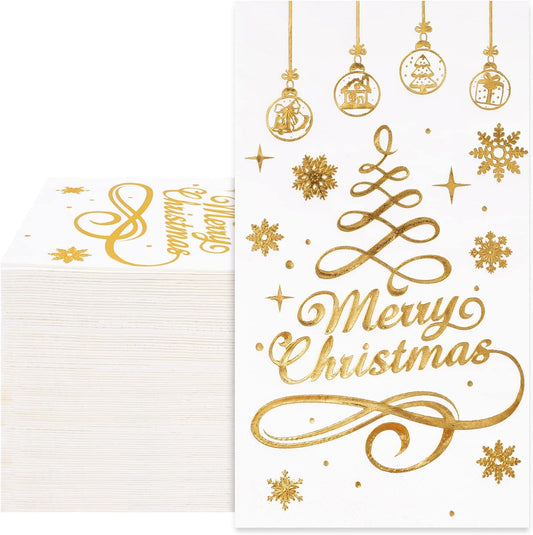 Whaline 80Pcs Christmas Guest Napkins Gold Foil 3 Ply Disposable Paper Pack Xmas Tree Snowflake Pattern Dinner Hand Towel Napkin for Xmas Party Winter Holiday Wedding Birthday Table Decorations