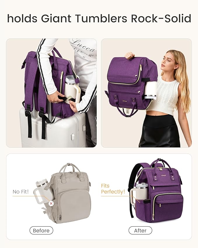 LOVEVOOK Laptop Backpack for Women with Giant Tumbler Holder Pocket,18 inch Waterproof Travel Backpack Purse Computer Laptop Bag,Professional Work College Nurse Teacher Backpack Daypack,Rose Purple