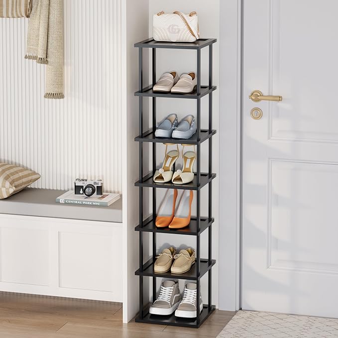Vertical Tall Shoe Rack Organizer for Entryway -7 Tier Free Standing Slim Narrow Bamboo Wood Corner Stackable Shoe Boots Storage Stand Small Spaces for Closet Garage Cloakroom Living Room (Black)